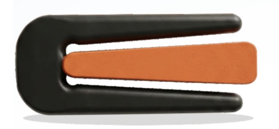 Black moulded branch off clip, a U-shaped fork with two arms and a tapered orange hot-melt adhesive wedge filling the gap between them